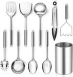 E-far Cooking Utensils Set, 10-Piece Stainless Steel Kitchen Utensils with Holder, Metal Heat Resistant Kitchen Cookware Tool Spatula Set for Cooking, Easy Clean & Dishwasher Safe - Image 2