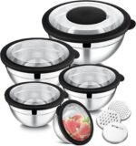 E-far Mixing Bowls Set of 5, Stainless Steel Salad Mixing Bowl with Transparent Lid, Metal Nesting Bowl Attach with 3 Graters for Kitchen Prepping/Serving/Baking/Storage, 4.6/2.6/1.5/1/0.7 QT - Black - Image 2