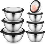 E-far Mixing Bowls Set of 7, Stainless Steel Mixing Bowls with Airtight Clear Lids, Metal Nesting Bowls for Kitchen Prep, Baking, Serving, Dishwasher Safe, Size 4.6, 3.5, 3, 2, 1.5, 1, 0.7QT, Black - Image 2