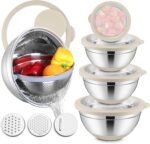 E-far Mixing Bowls with Lids Set, 15PCS Stainless Steel Mixing Nesting Bowl with Colander & 3 Metal Grater for Kitchen Prep/Baking/Storage, Non-Slip Bottom & Airtight Lid, 4.6, 3, 1.5, 1, 0.7QT, Khaki - Image 2