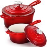 E-far Sauce Pan Set with Lid, 1Qt & 2Qt Enameled Cast Iron Pot Sets for Kitchen Cooking, Small Heavy Duty Dutch Oven Saucepans & Self-basting Lids, Induction-Ready & Easy Clean, Red - Image 2
