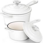 E-far Sauce Pan Set with Lid, 1Qt & 2Qt Enameled Cast Iron Pot Sets for Kitchen Cooking, Small Heavy Duty Dutch Oven Saucepans & Self-basting Lids, Induction-Ready & Easy Clean, White - Image 2