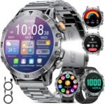 EF18 Military Smart Watch for Men, 1.85″ HD Smartwatch with 1000 mAh Large Battery, LED Flashlight/100+ Sport Modes Fitness Tracker, IP68 Waterproof Smart Watches for Android iOS (3 Straps) - Image 2