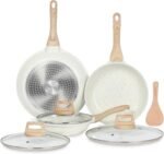 ESLITE LIFE Nonstick Ceramic Frying Pans Skillets Set with Lids, Non-Toxic Egg Omelette Kitchen Cooking Pans Compatible with All Stovetops (Gas, Electric & Induction), PTFE & PFOA Free (White) - Image 2