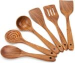 EZuncle 6 Piece Wooden Cooking Spoon Set - Ideal For Non-Stick Pans, Heat Resistant Solid Wood, Smooth Teak Cutlery For a Comfortable grip - Lightweight and Durable - Easy to Clean(6 PCS Large) - Image 2