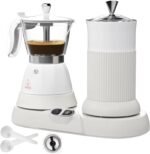 Electric Espresso Machine with Milk Frother 2 in 1 Efficient Moka Pot Coffee Maker with Milkfroth Aluminum One-Touch Operation for Effortless Cappuccinos Lattes Macchiatos White - Image 2