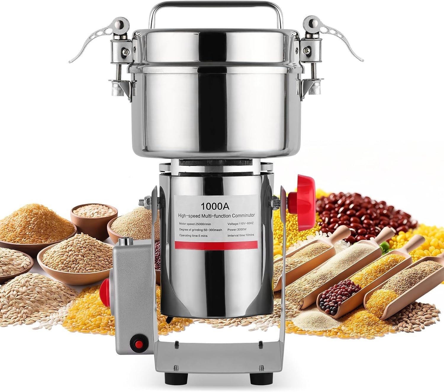 Electric Grain Mill, 1000g Stainless Steel Mill, 3000W High Speed Commercial Grinder Machine, Pulverizer Spice Herb Grinder for Dry Grains Cereals Coffee Corn Pepper, Swing Type - Image 2