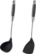 FJNATINH Silicone Wok Spatula and Ladle Set - Stainless Steel Wok Tools, Wok Utensil,Non Stick Heat-Resistant Cooking Utensils BPA Free Kitchen Utensils Cookware (Black Stainless Steel-2PCS) - Image 2