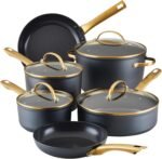Farberware Forged Induction Ceramic Nonstick Pots and Pans Set with Lids and Kitchen Cooking Tools - Dishwasher Safe, Suitable for All Stovetops, 12 Piece Cookware Set - Black and Gold - Image 2
