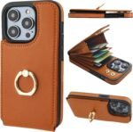 Folosu Compatible with iPhone 14 Pro Case Wallet with Card Holder, 360°Rotation Finger Ring Holder Kickstand, RFID Blocking Leather Protective Double Buttons Shockproof Cover 6.1 Inch Brown - Image 2