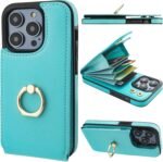 Folosu Compatible with iPhone 14 Pro Case Wallet with Card Holder, 360°Rotation Finger Ring Holder Kickstand, RFID Blocking Leather Protective Double Buttons Shockproof Cover 6.1 Inch Green - Image 2