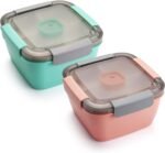 Freshmage Salad Lunch Containers To Go, 2 Pack 52-oz Bowls with 3 Compartments, Dressing Containers for Toppings, Snacks - Pink & Green - Image 2