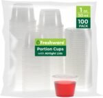 Freshware Plastic Portion Cups with Lids [1 Ounce, 100 Sets] Disposable Plastic Cups for Meal Prep, Salad Dressing, Jellos Shot Cups, Souffle Cups, Condiment and Dipping Sauce Cups - Image 2
