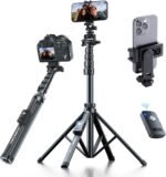 Fugetek 62" Professional Cell Phone Tripod, Ultra Stable 4 Leg Design, Bluetooth Remote, 100% All Aluminum Stick & Legs, Portable All in One, 360° Phone Mount with 2 Cold Shoe Slots, Non Skid Feet - Image 2