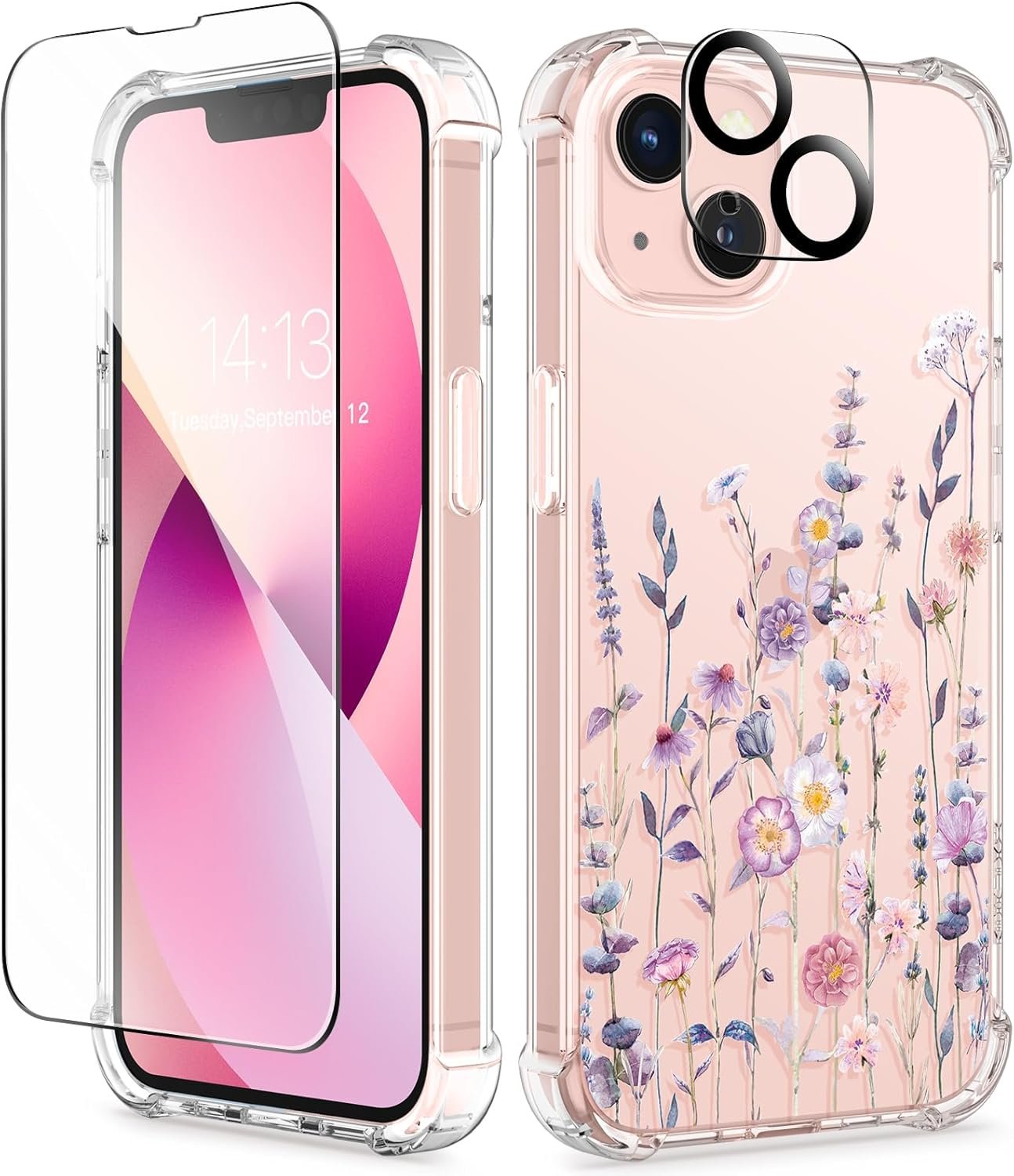 GVIEWIN for iPhone 13 Case Floral, with Screen Protector&Camera Lens Protector,[Non Yellowing] Soft Shockproof Clear Phone Protective Cover for Women, Flower Pattern Design 6.1", Floratopia/Colorful - Image 2
