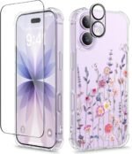 GVIEWIN for iPhone 17 Case, with Screen Protector+Camera Lens Protector, [NonYellowing] Clear Floral Slim Shockproof Protective Hard PC Back Women Phone Case for iPhone 17 6.3", Floratopia/Colorful - Image 2