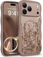 GVIEWIN for iPhone 17 Pro Case Compatible with MagSafe [Curly Wave Edge][Full Camera Protection] Floral Translucent Shockproof Magnetic Women Phone Case for iPhone 17 Pro 6.3'', Floratopia/Brown - Image 2