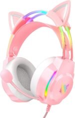 Gaming Headset with Microphone, Cat Ear Headphones for PC Laptop PS4 PS5 Xbox Switch, Rainbow RGB Lighting & Virtual Surround Sound, 3.5mm Wired Over Ear Headphones, Ergonomic - Image 2