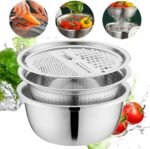 Germany Multifunctional Stainless Steel Basin, Multifunction Stainless Steel Basin with Grater 3 in 1 Vegetable Cutter for Kitchen, Vegetable Slicer Grater Strainer and Drain Basket (11.8 inch) - Image 2