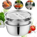 Germany Multifunctional Stainless Steel Basin,3 in 1 Multifunction Stainless Steel Basin with Grater Vegetable Cutter for Kitchen, Vegetable Slicer Grater Strainer and Drain Basket (11 inch) - Image 2