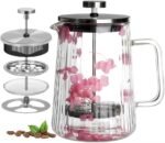 Glass French Press Coffee Maker 22oz (Pink Floral) – Double-Wall Borosilicate Ribbed Coffee Press with Stainless Steel Filter, Manual Coffee Brewer & Tea Press - Image 2