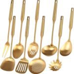 Gold Kitchen Utensils Set - 18/10 Stainless Steel Cooking Tools, 15" All Metal Serving Utensils with Fork, Solid/Slotted Spoon, Spatula, Ladle, Skimmer, Tunner, Pasta Spoon, Large Spoon, Set of 9 - Image 2