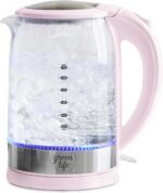 GreenLife 1.7 Liter Glass Electric Kettle, Easy One Touch Use, Quick Heating, Filtered Spout, LED Base, Auto Shut-Off, Cordless Serving, Coffee and Tea, Pink - Image 2