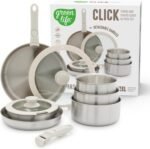 GreenLife 10 Piece Stainless Steel Pots and Pans, Detachable & Stackable Kitchen Set, Tri Ply Clad PFAS Free Cookware, Space Saving with Removable Handle, Induction & Oven Safe, RV Cookware, Glass Lid - Image 2