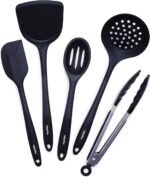 GreenPan 5 Piece Cooking Utensil Set, Flexible Nonstick Silicone, Stain-Free, Tongs, Turner, Spatula, Skimmer, and Slotted Spoon, Black - Image 2