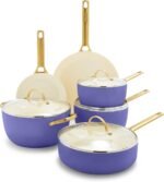 GreenPan Hard Anodized Healthy Ceramic Nonstick 10 Piece Cookware Pots and Pans Set, Gold Handle, PFAS-Free, Dishwasher Safe, Oven Safe, Periwinkle - Image 2