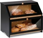 HOMEKOKO Double Layer Large Bread Box for Kitchen Counter, Wooden Large Capacity Bread Storage Bin (Black) - Image 2