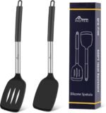 HOTEC Silicone Spatula Set of 2 Heat-Resistant 600°F & BPA-Free Kitchen SaptulaTurner with Stainless Steel Handles, Slotted & Solid Spatulas for Nonstick Cookware, 13.7 Inch, Black - Image 2