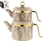 Hakan Melody Turkish Tea Pot Set | 3.5 L Tea Kettles for Stovetop with Stainless Steel Handless and Glass Lid | Aluminum Body Tea Maker | Double Stovetop Kettles with Granite Cover (cream) - Image 2