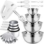 Hand Mixer Electric Mixing Bowls Set, 5 Speeds Handheld Mixer with 4 Nesting Stainless Steel Mixing Bowl, Measuring Cups Spoons 200W Kitchen Blender Whisk Beater Baking Supplies For Beginner - Image 2