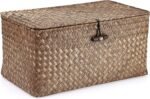 Hipiwe Wicker Shelf Baskets Bin with Lid, Handwoven Seagrass Basket Storage Bins Rectangular Household Basket Boxes for Shelf Wardrobe Home Organizer, Coffee Medium - Image 2