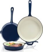 Hisencn Enameled Cast Iron Skillet Set - 3 Piece Ceramic Coated Fry Pan Set(8'',9.5'' 11''), PFAS/PTFE/PFOA Free, Oven & Induction Safe, Navy Blue Cookware for Gas/Electric Stovetop - Image 2