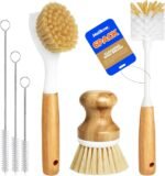 Holikme 6 Pack Dish Brush Kitchen Brushes Set with Vegetable Palm Brush, Bottle Brush, Dish Brush and Straw Brush, Fruit Cleaning Brushes for Cleaning Potato Skillet Wok Pot Pan Cast Iron, Yellow - Image 2
