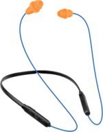 HomeSpot Noise Reduction Wireless Neckband Headphones with Qualcomm aptX HD, 27dB NRR, CVC Noise Cancelling Mic & Controls and 20H Playtime for Work Safety OSHA Compliant - Blue Wire Orange Earbuds - Image 2