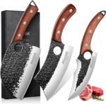 Huusk Butcher Knife Set Hand Forged Serbian Chef Knife Viking Boning Knife Cleaver Knife 3PCS Kitchen Knife Set for Meat Cutting Home & Outdoor Cooking BBQ Knives Gift for Men - Image 2