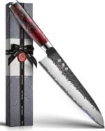 Japanese Chef Knife, 8 Inch Hand Forged Kitchen Knives with VG10 Core, Professional Gyuto Knife for Home & Restaurant, Sanmai Chefs Knives with Ergonomic Red Handle, Cooking Gifts for Men Women - Image 2