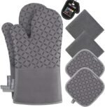 KEGOUU Oven Mitts and Pot Holders 6pcs Set, Kitchen Oven Glove High Heat Resistant 500 Degree Extra Long Oven Mitts and Potholder with Non-Slip Silicone Surface for Cooking (Grey) - Image 2