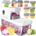 KEOUKE 8-in-1 Vertical Vegetable Chopper Mandoline Slicer with Container White - Safe Tap Out Dicer with Hand Guard for Kitchen Easy Food Prep, Onion Potato Veggie Fruit - Image 2