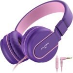 Kids Headphones, Wired Headphones for Kids On Ear with Microphone, 93dB Volume Limiter Headphone for Girls Boys, Foldable Lightweight Headphone for School Learning & Entertainment, Pink Purple - Image 2