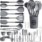 Kikcoin 43Pcs Large Kitchen Utensils Set - Silicone Cooking Utensils Set, Dishwasher Safe Spatula Set for Non-stick Cookware, 446°F Heat Resistant Kitchen Utensils Set with Holder BPA Free, Grey - Image 2