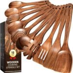 Kikcoin Wood Kitchen Utensils Set, 10 PCS Solid Teak Wooden Spoons for Cooking with Long Handle Heat-Resistant Wooden Cooking Utensils Set for Non-stick Cookware Including Hanging Hole - Image 2
