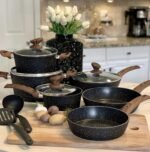 Kitchen Academy Induction Cookware Sets - 12 Piece Cooking Pan Set, Granite Black Nonstick Pots and Pans Set - Image 2