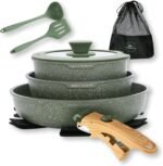 Kitchen Academy Removable Handle Pots and Pans Set - 10 Pieces Green Cookware Set with Removable Handle, RV Induction Cookware Set for Camp - Image 2