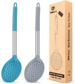 Kitchen Ladle Strainer Set of 2 Large Slotted Spoon with High Heat Resistant BPA Free Non Stick Cooking Skimmers For Draining and Frying (Grey and Teal Blue) - Image 2