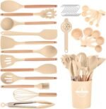 Kitchen Utensils Set - 34 PCS Non-Stick Silicone Cooking Utensils Set Spatula Set with Holder, Wooden Handle Spoon,Brush,Whisk Kitchen Gadgets Tools Set for Nonstick Cookware (Khaki-34P) - Image 2