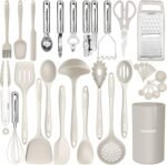 Kitchen Utensils Set - 446°F Heat Resistant Silicone Cooking Utensils Set-Kitchen Tools and Gadgets for Cooking Nonstick Cookware with Tongs,Turner,Spatula,Spoon,Brush,Peeler,Grater,Scissors (Khaki) - Image 2